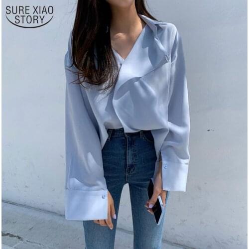 Womens Shirt Blue Shirt 2021 Fashion Women Blouses Long Sleeve Top Women Loose Elegant Blouse V-neck Office Lady Style 13489