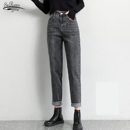 2020 New Harem Trousers Streetwear Vintage Loose Women Denim Jeans High Waist Pockets Button Female Gray Denim Jeans Pants 10594