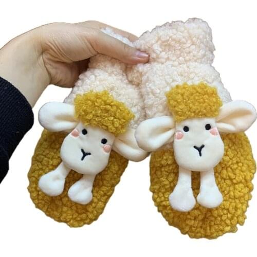 Female Girls Winter Faux Fleece Gloves 3D Cartoon Sheep Animal Furry Plush Lining Thermal Windproof Mittens Hand Warmer with Str