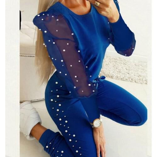 Women Autumn Cold Shouder tracksuit set Lady High Waist Bandage Pants 2Pcs Set Lady Winter beads Long sleeve Suits dropshipping