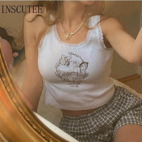Inscutee Streetwear Vintage Angel Print Vest Women Harajuku Summer Cottagecore Sexy White Crop Tee Tops Grunge Casual Emo Vest