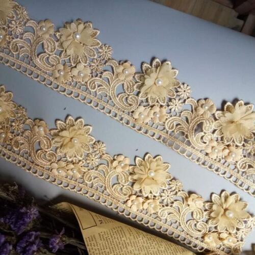 1 Yard Gold 9cm Pearl 3D Flower Tassel Lace Edge Trim Ribbon Fabric Embroidered Applique Sewing Craft Wedding Dress Clothes