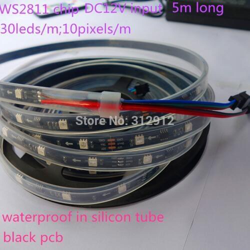 5m DC12V WS2811 150LEDs (10pixes/m) BLACK PCB led digital strip;IP66;waterproof in silicon tube