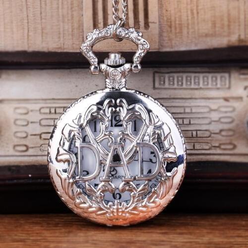 9054 Big Size DAD The Best Father Gift Silver Hollow Carved"DAD" Letter White Surface Pocket Watch