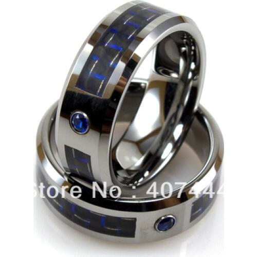 Free Shipping!Wholesales USA Hot Sales Jewelry Mens Tungsten Ring With Blue Carbon Fiber Inlay&CZ Stud His/Her Best Wedding Ring