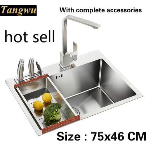 Free shipping Handmade ordinary food grade 304 stainless steel kitchen sink single slot 3 mm thick durable 75x46 CM