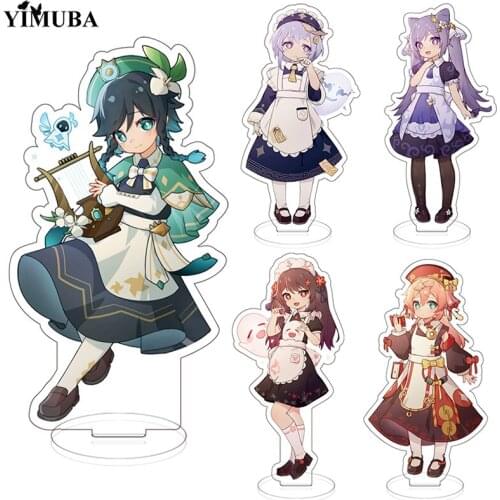 Genshin Impact Q Version Figure Stand Model Plate Keqing Qiqi YanFei Venti Hutao Standing Sign Cute Maid Theme Keychain Souvenir