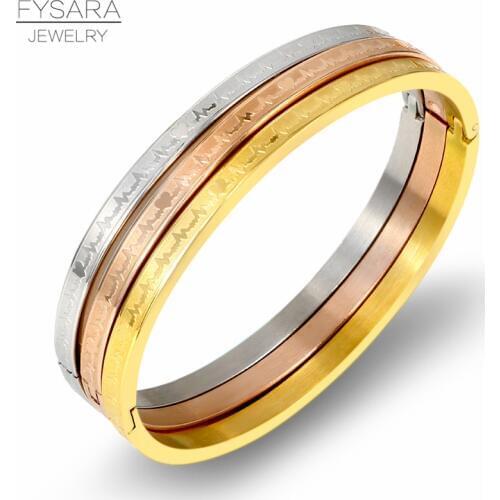 FYSARA Bangles Set Titanium Steel Bangle Fashion Jewelry Vintage Design ECG Electrocardiogram Bracelet For Lover Women Gift