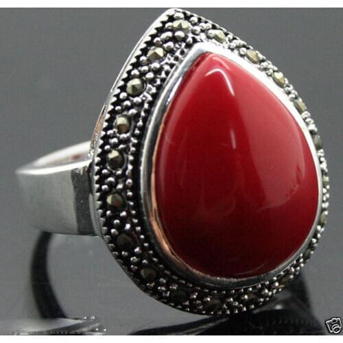 Wholesale good 25X20mm Red Lacquer Marcasite Sterling RING SIZE 7/8/9/10
