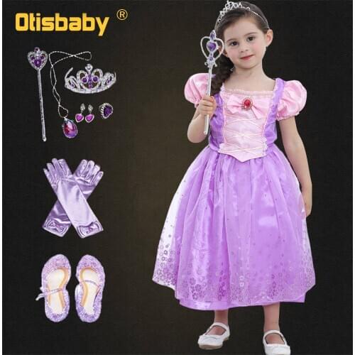Tangled Rapunzel Costume for Girls Kids Pink Purple Princess Sofia Dress 2019 New Year Party Fluffy Dress Rapunzel Wig Hair