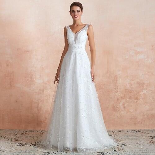 YOUXI Wedding Dress 2020 V- Neck A-Line Lace Pleat Pearls Backless Sexy Plunging Bride Formal Bridal Gowns vestido de noiva boho