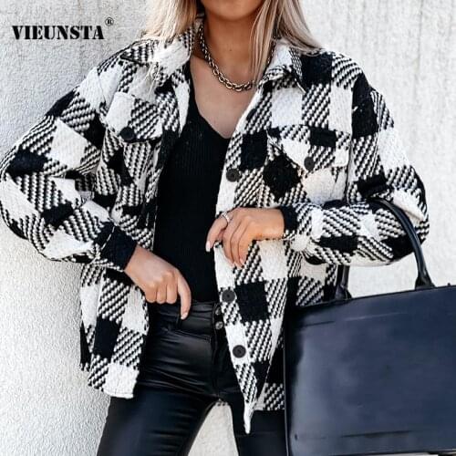 Vintage Plaid Print Women Jacket Coats Casual Turn-down Collar Button Office Lady Tops 2021 Autumn Winter Loose Cardigan Outwear