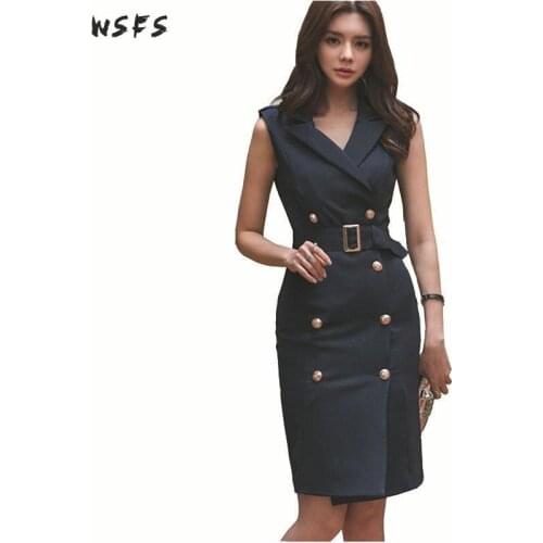 Summer Dresses Black Notched Sleeveless Womens Dress Office Ladies Elegant Bodycon Sexy Party Sashes Button Pencil Mini Sundress
