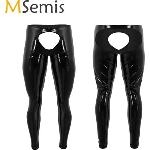 Mens Pants PU Leather Trousers Gothic WetLook Party Night Stage Dance Clubwear Male Open Back and Open Pouch Leggings Sweatpants