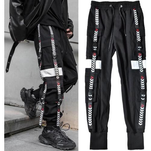 2019 Autumn Patchwork Men Ribbons Hip Hop Mens Cargo Pants Cotton Casual Sweatpants Joggers Trousers штаны мужские LBZ151