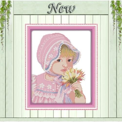The girl and flowers cartoon painting counted print on canvas DMC 11CT 14CT kits chinese Cross Stitch embroidery needlework Sets