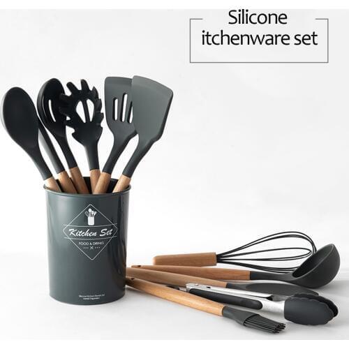 9/12pcs Silicone Kitchen Tools Set Wooden Handles Kitchenware Cooking Utensils Soup Spoon Spatula Oil Brush Nonstick Cookware