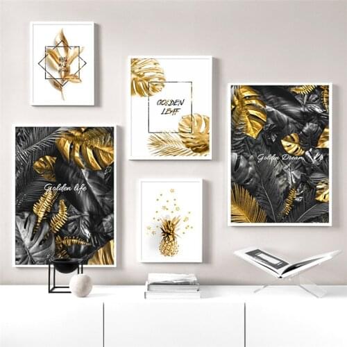 Wall Posters Picture Art Decor Living Room Aesthetic Black Gold Modern Canvas Paintings For Bed Plant Unframed