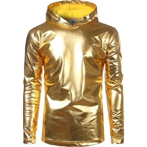 2018 New Fashion Men Slim Long sleeve Hooded T-shirt gold silver Hip-hop nightclub style Mens Autumn Casual Streetwear Tee Top