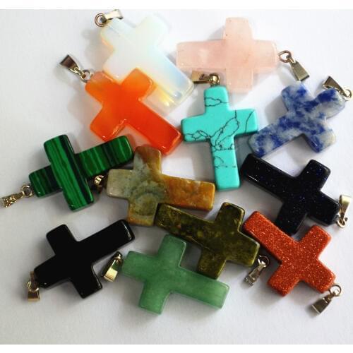 2020 New Arrival Fashion Natural Stone Crystal Howlite Malay Stone Opal Pink Quartz Pendants Charms Cross For Jewelry Making