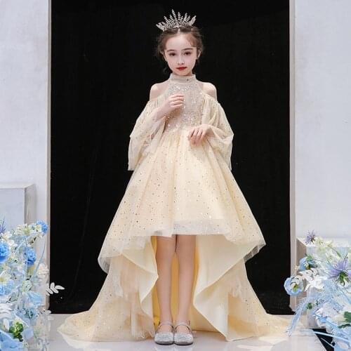 Teens Kids Dresses Party Wedding Dress Champagne Embroidery Children Pageant Gown Girls Cloth Mopping Floor Dress Girl Clothing