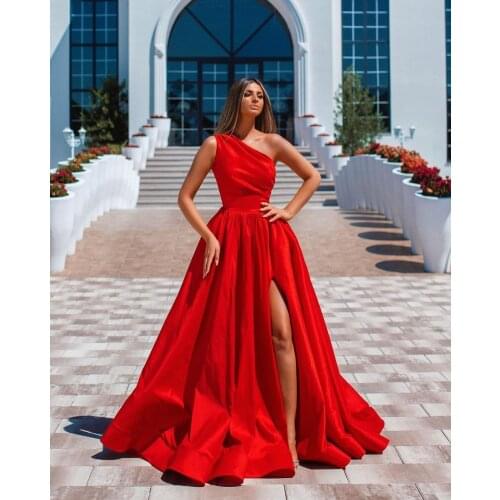 Festival Red A Line Long Prom Dresses Side Split One Shoulder Vestidos De Fiesta Ruched Cheap Bride Party Evening Formal Dresses