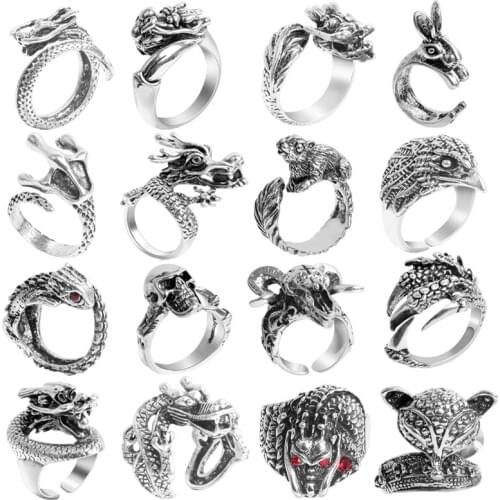 Retro Rings for Men Girls Women Adjustable Snake Eagle Dragon Ferocious Animal Punk Exaggerated Sphinx Egyptian Pharaoh