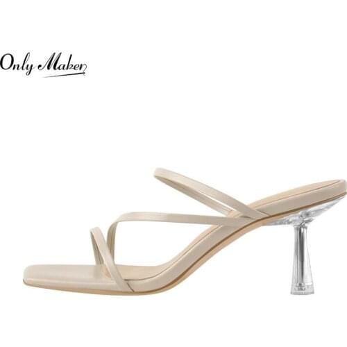 Onlymaker Slip-On Shoes For Women Square Toe Sandal Matte Narrow Band Summer Transparent Metal Kitten Heel Open Toe Slipper