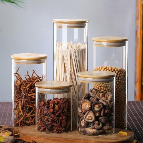 Food Glass Tank Storage Jar Wood Lids Airtight Kitchen Covered Canister Sealed Organizer Strengthen packaging Beans Grains Candy