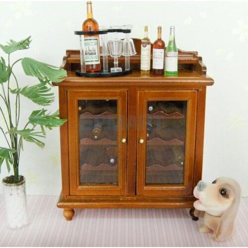 Vintage 1/12 Dollhouse Miniature Furniture Wine Cabinet with Bottles Wine Glass Model Collectibles