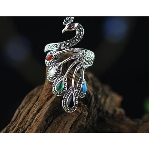 S925 sterling silver jewelry Thai silver handmade ladies colorful stone adjustable peacock ring