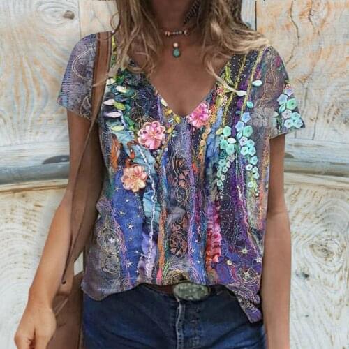 3D Floral Printed T Shirt Women Harajuku Boho Plus Size Short Sleeve V-Neck Tops Tee Casual Summer Pullover Daily T-Shirt