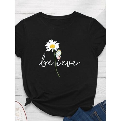 BELIEVE Daisy Print Women T Shirt Short Sleeve O Neck Loose Women Tshirt Ladies Fashion Tee Shirt Tops Clothes Camisetas Mujer