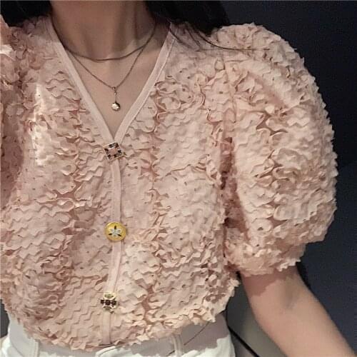 2019 New Korean Fashion Shirt Embroidered Flower Button Cute Top Short Sleeve Lace Shirt Women Tops Blusas Femininas Elegante