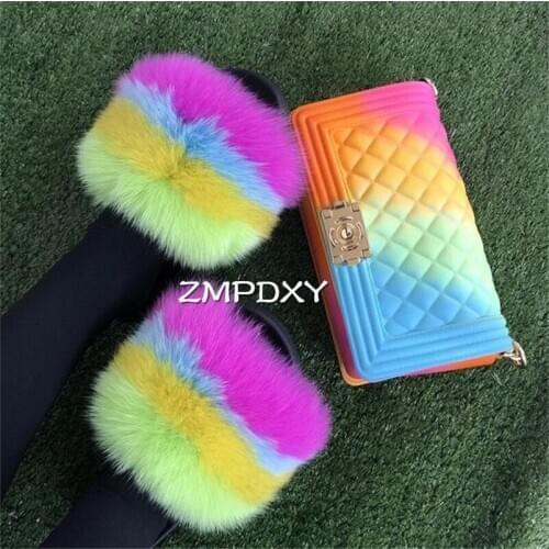 Women Summer Fox Fur Slippers Colorful Jelly Bag Cute Fluffy Slippers Fashion Furry Slides Plush Slipper Sets Big Fur Slides