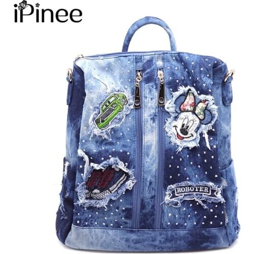 IPinee 2019 fashion women handmade denim backpack casual large size school bags for girls laptop bags