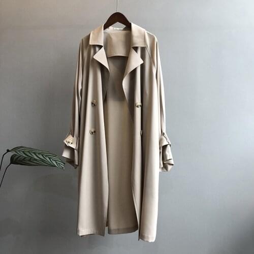 Mid-length Women Thin Trench coat Turndown collar Double breasted Spring Elegant Loose Vintage Windbreaker Casual Abrigo mujer