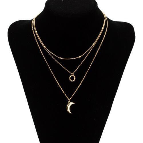 Bohemian Three Layer Necklace For Women Fashion Gold Color Chain Long Moon Statement Necklace Pendant Boho Choker Trendy Jewelry