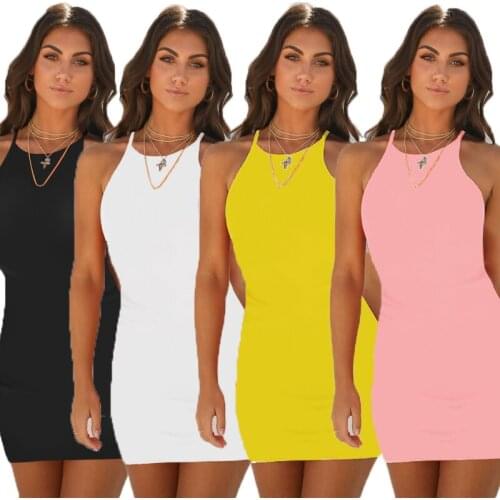 Women 4 Colors Fashion Dress Sexy Sleeveless O-Neck Slim Vestidos New Summer Basic Party Dress Backless Pack Hip Bodycon Dresses
