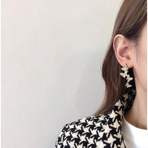 Starry Bling Rhinestone Silver Plated Needles Alloy Retro Four Butterfly Animal Women Stud Earrings