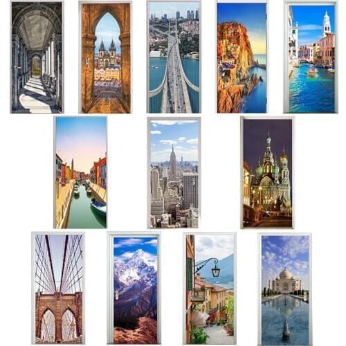 3D Door Stickers Square Church Manarola Ama Dablam Lake Como Venice Canal Taj Mahal Saint Petersburg Art Corridor Decor Paste