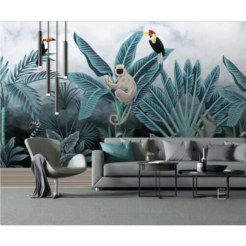 Customized large-scale 3D murals medieval hand-painted tropical rainforest flora and fauna background wall decoration wallpaper