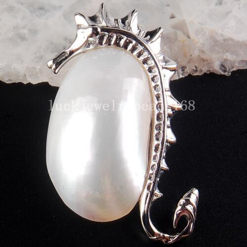 Free Shipping Women Fashion Jewelry Beautiful White Mother of pearl Shell Oval Sea Horse Pendant Bead C3780
