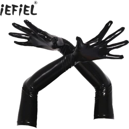 Black Women Fashion Faux Leather Wet Look Long Gloves Metallic Glossy Full Finger Mittens Pole Dance Accessories for Nightclub
