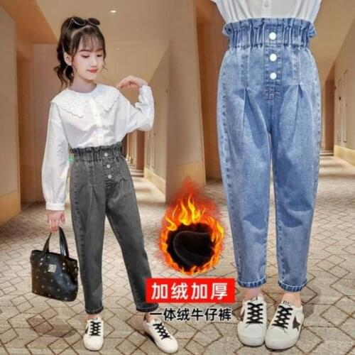 Children Fleece Jeans Fall Winter Girls Fashion Buttons Jeans Casual Kids Girl Denim Trousers Teen Thicken Warm Trousers Jeans