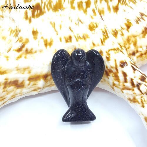 Hailambo Beautiful Blue Goldstone Gem-stone Standing Angel Statue Bead Carved Angel Wing Figurine Pendant Classic Jewelry TS12A