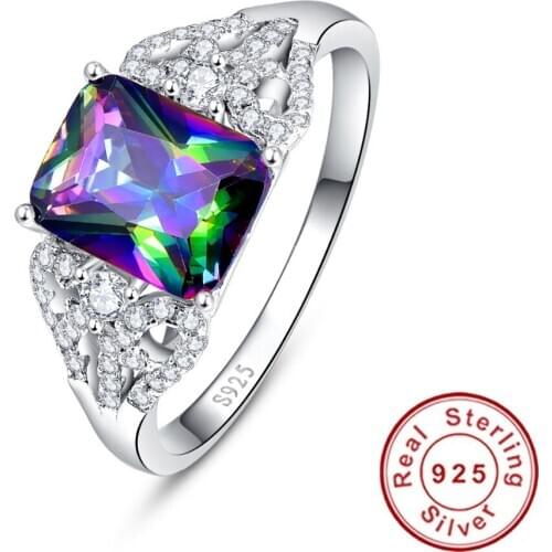 Hot Emerald Cut 3ct Natural Mystic Fire Rainbow Topaz Engagement Wedding Ring Genuine 925 Sterling Silver Rings for Women