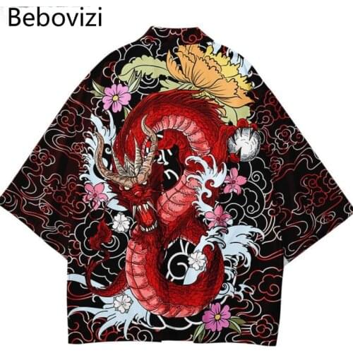 Japanese Cartoons Cardigan Women Men Harajuku Kimono Cosplay Chinese Dragon Print Tops Blouse Yukata Clothing Plus Size Robe