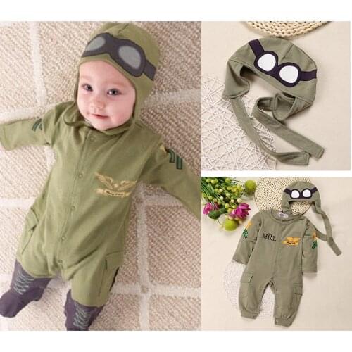 2021 Spring Autumn Baby Rompers + Cap Boys Clothes Newborn Jumpsuits Infant Clothing Overall Aviator Costumes Green Outfits