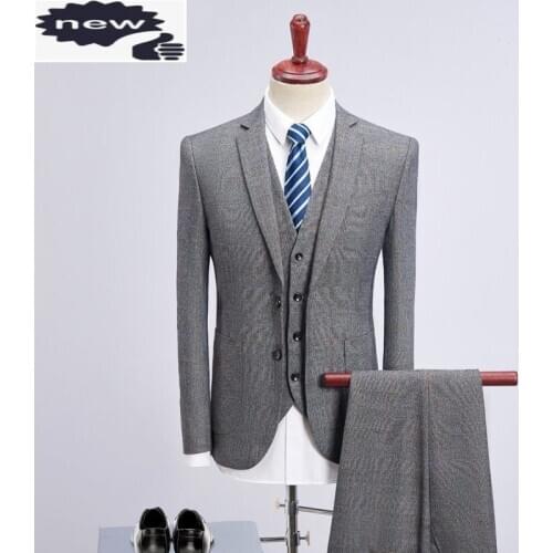 Gray Tweed Business Plaid Men Wedding Suits Slim Fit Groom Mens 3 Piece Suit Elegant Male Costume Mariage Homme